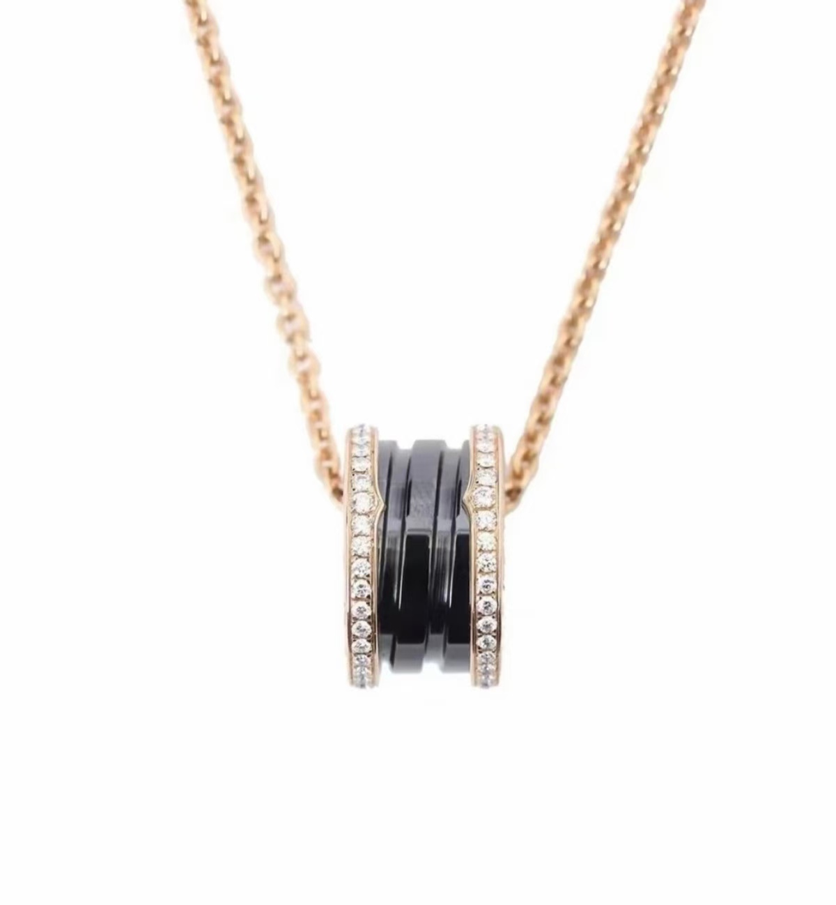 99新 BVLGARI/宝格丽 B.Zero1黑陶瓷玫瑰金双排钻项链带钻黑色