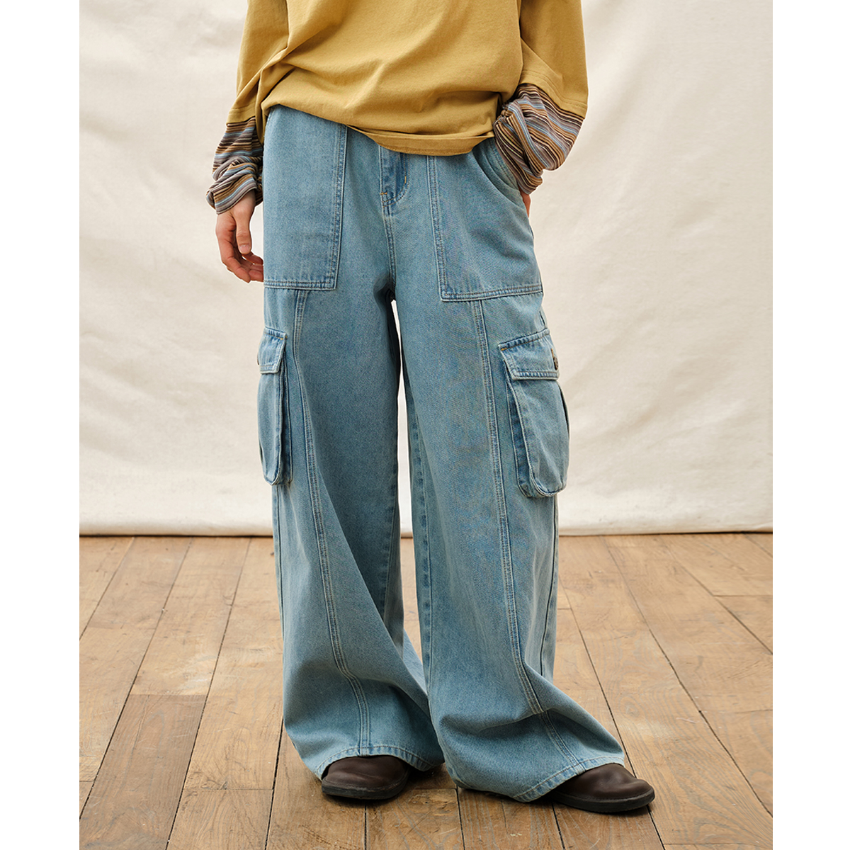 章鱼家【休闲复古】工装直筒牛仔裤大口袋水洗宽松长裤子女octopusm
