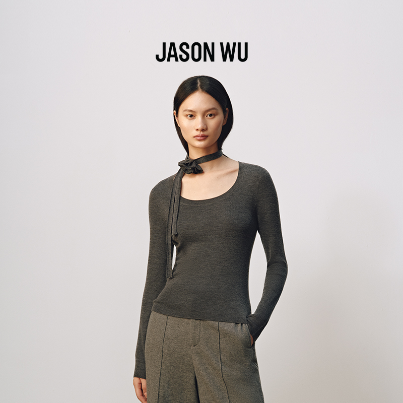 JASON WU 秋季新款U领花朵羊毛无缝上衣毛衣针织衫女