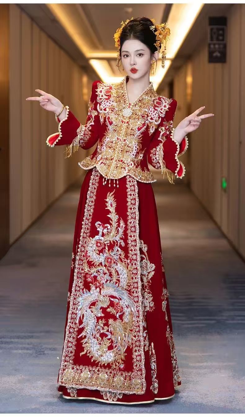 奢版重工立体剪裁丝绒款厚款女士秀禾服奢华风长袖显瘦大码