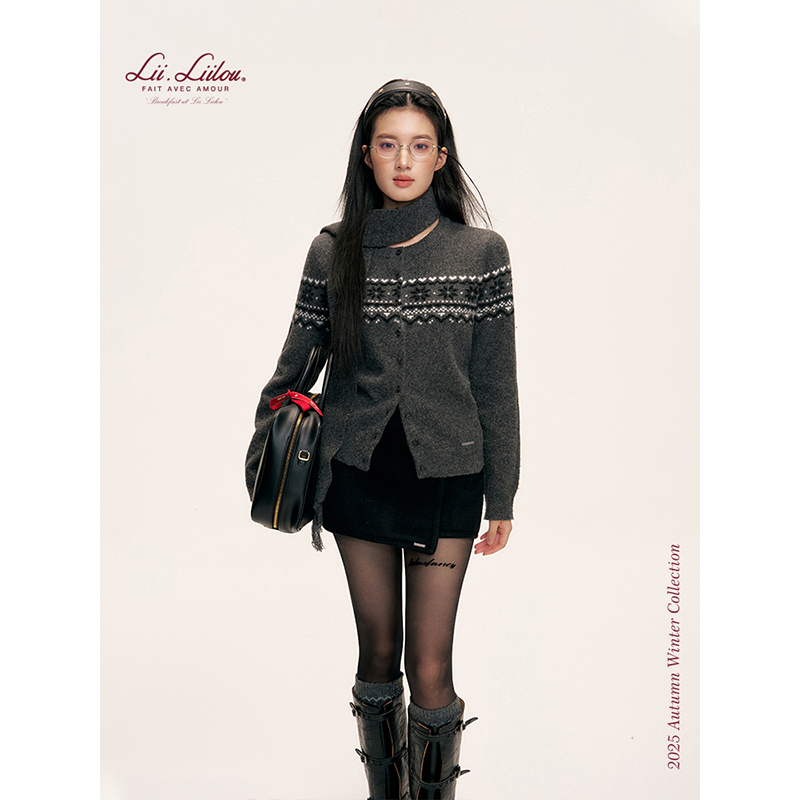 Liilou Fair Isle 雪花费尔岛 羊毛混纺圆领针织毛衣开衫围巾套装