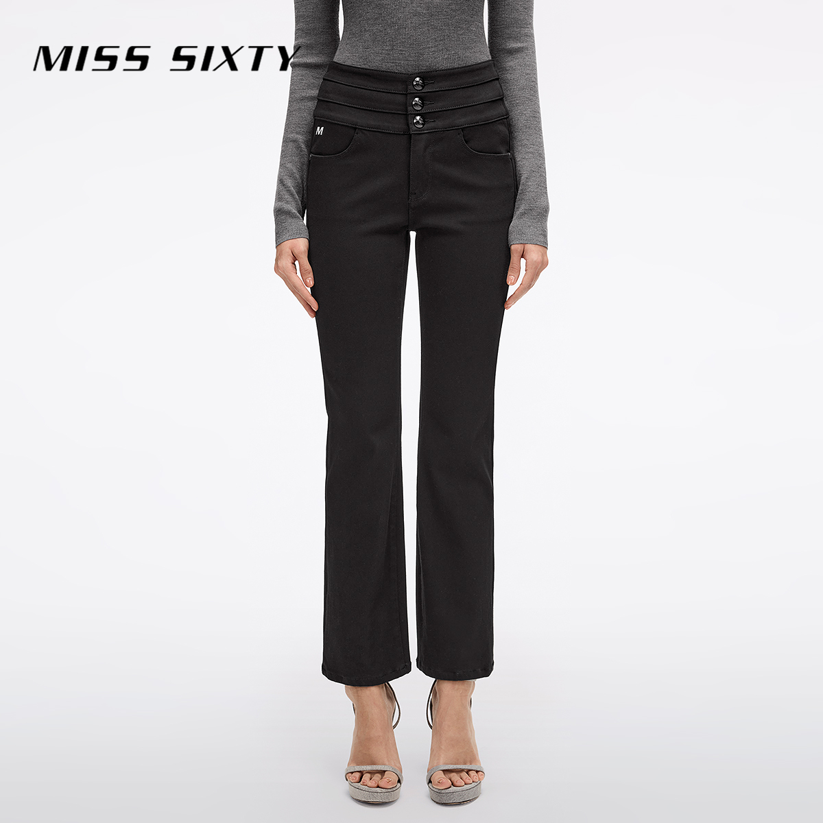 【陈大可专属】Miss Sixty牛仔裤小黑裤女三环高腰四面弹显瘦微喇裤
