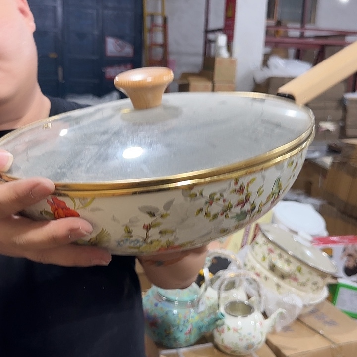 31公分珐琅炒菜锅花鸟