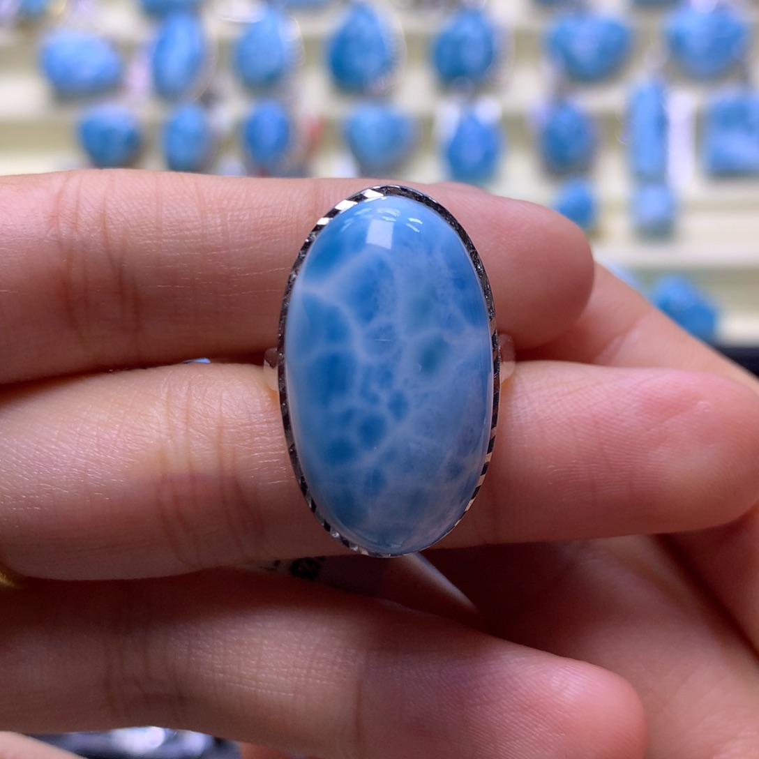 针钠钙石（海纹石）银S925镶嵌戒指蛋面戒指色差略异