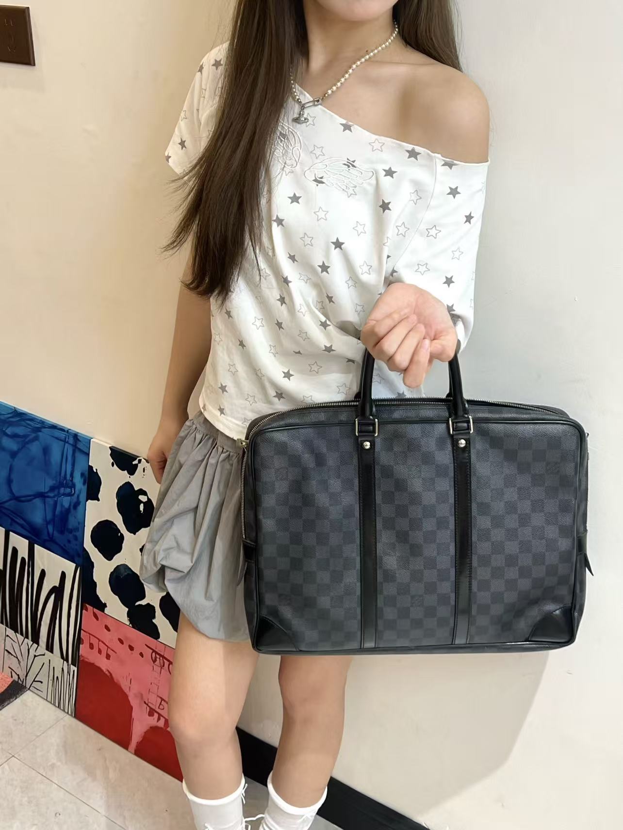 95新 LouisVuitton/路易威登 蓝棋盘格公文包/手提包