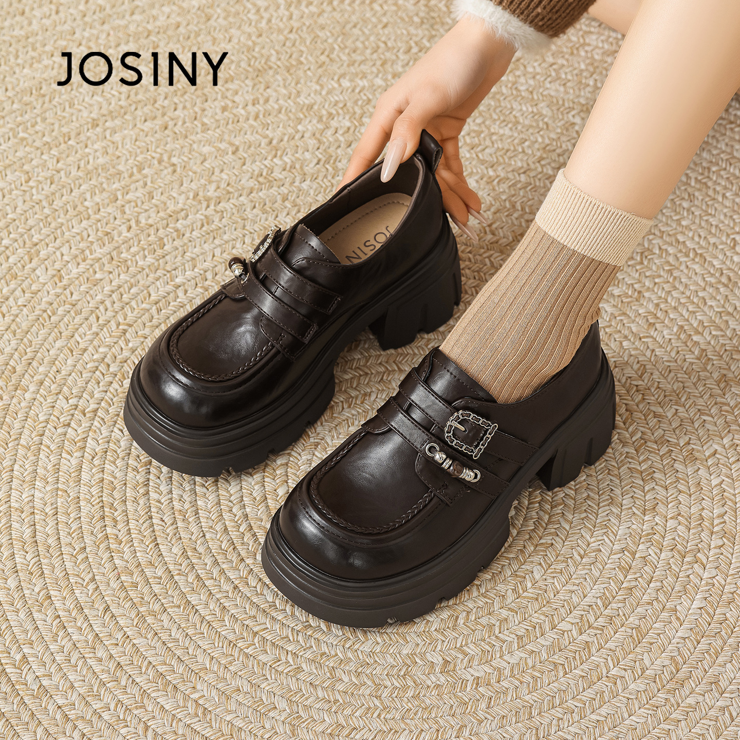 卓诗尼英伦风增高乐福鞋爆款2026春季新款厚底小皮鞋女粗跟女单鞋商品图