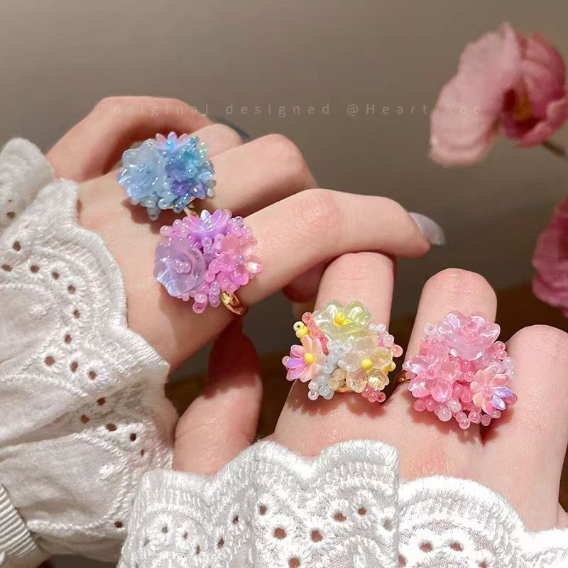 【绣球花】浪漫彩色串珠花朵甜美可爱多巴胺彩色戒指新款指环