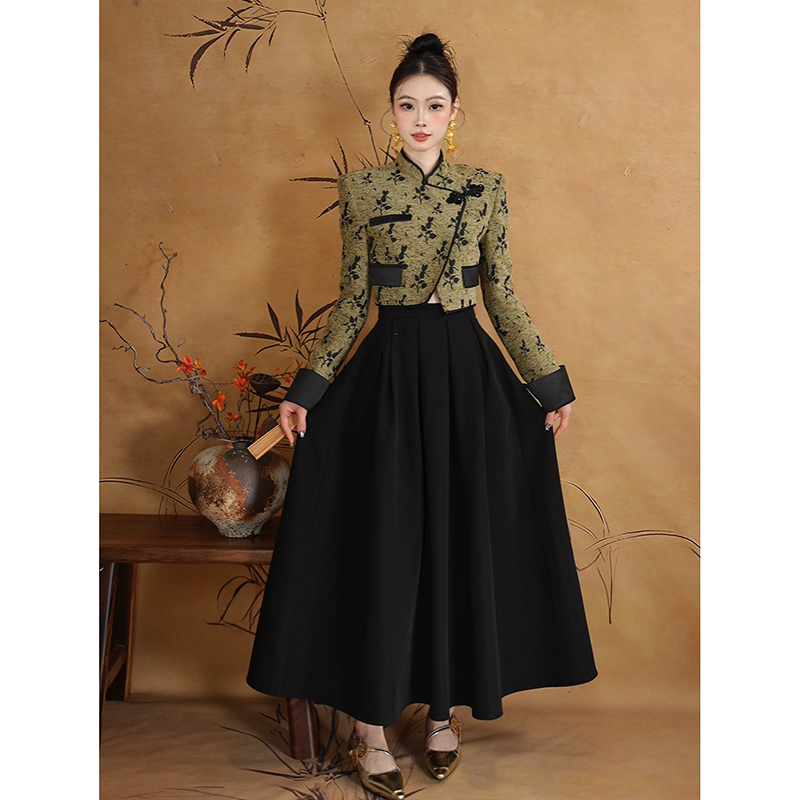 周子仪绿色新中式套装裙女2025年秋冬新款高级精致两件套裙子