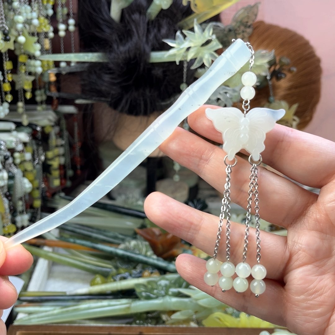 蛇纹石玉发饰未镶嵌长度15.5厘米左右