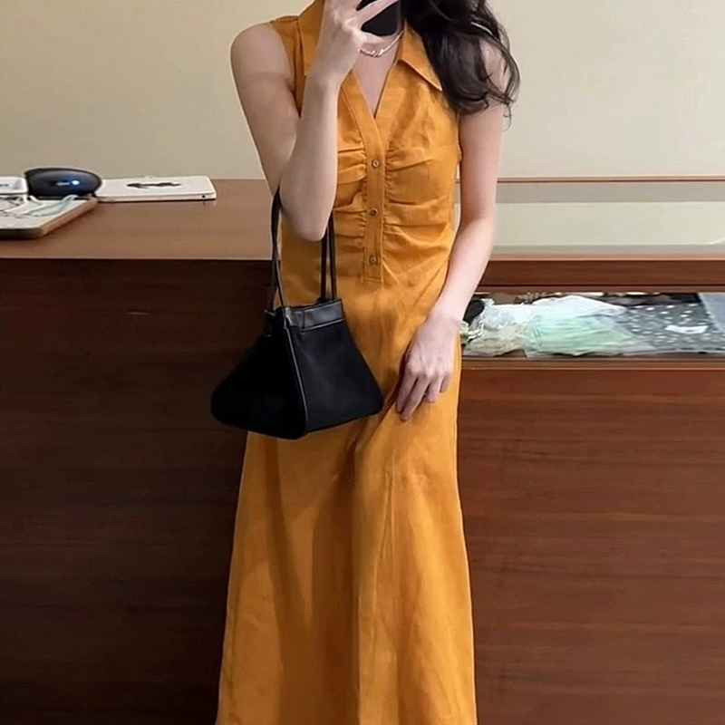 小清新复古褶皱无袖收腰显瘦亚麻长裙显高气质连衣裙A字裙女新款