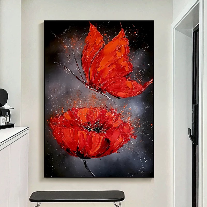 【虞美人】红色轻奢手绘油画风砂岩画客厅沙发背景墙玄关卧室装饰画