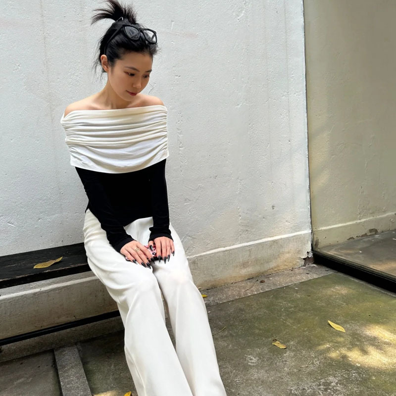 休闲简约一字肩紧身打上衣女