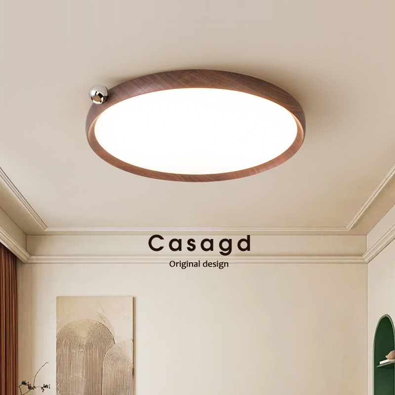 CASAGD中古风果果卧室吸顶灯胡桃木纹全光谱护眼奶豆儿童房间灯具