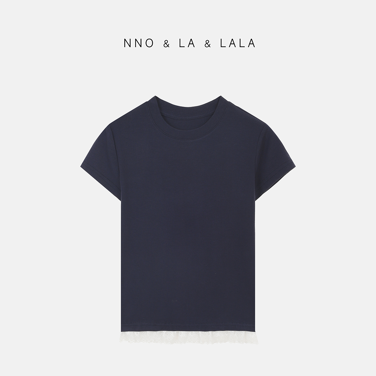 LA 设计感 蕾丝拼接蓝色 圆领 T恤  26471