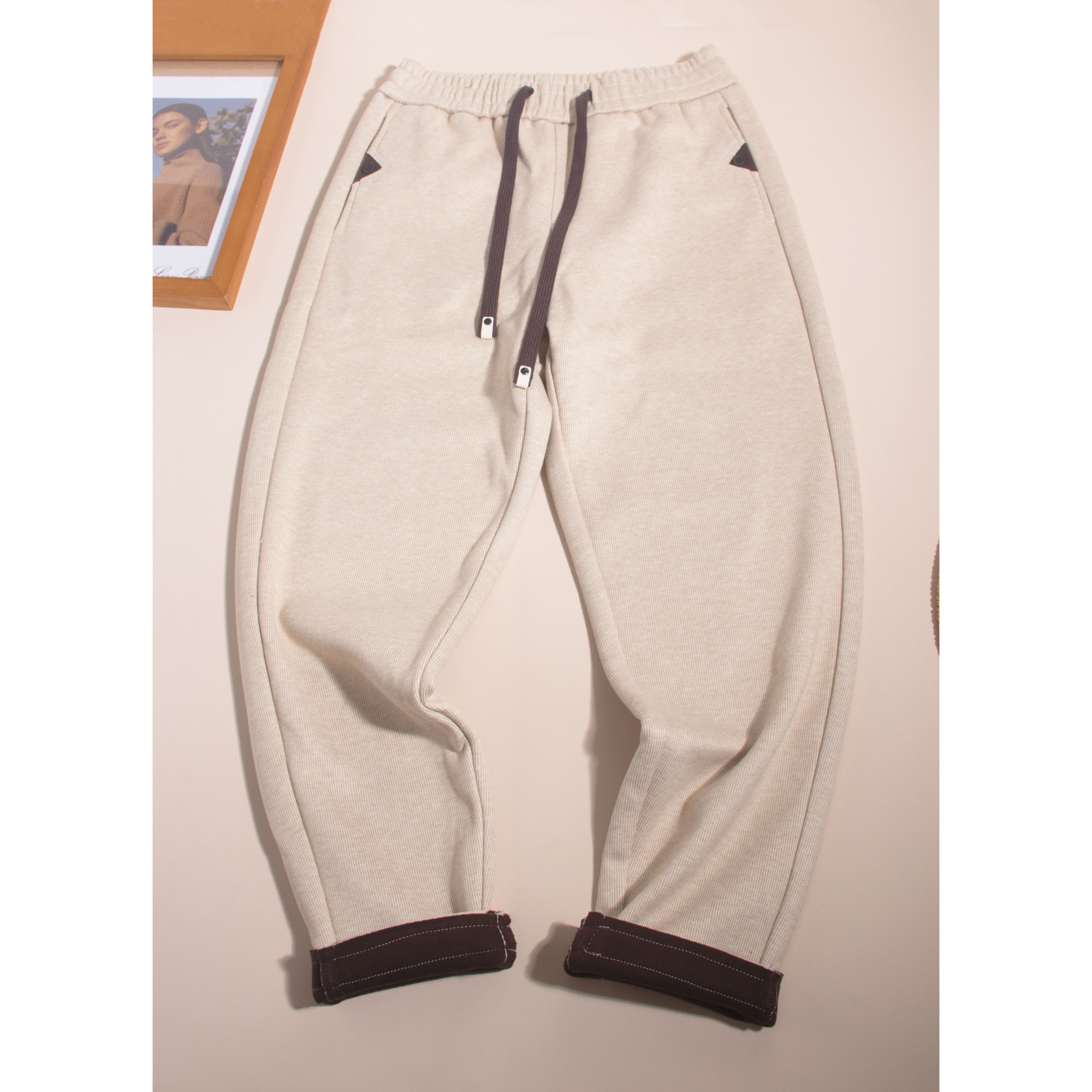 8650-秋冬新款加厚毛呢裤子女翻边松紧腰宽松显瘦加绒休闲