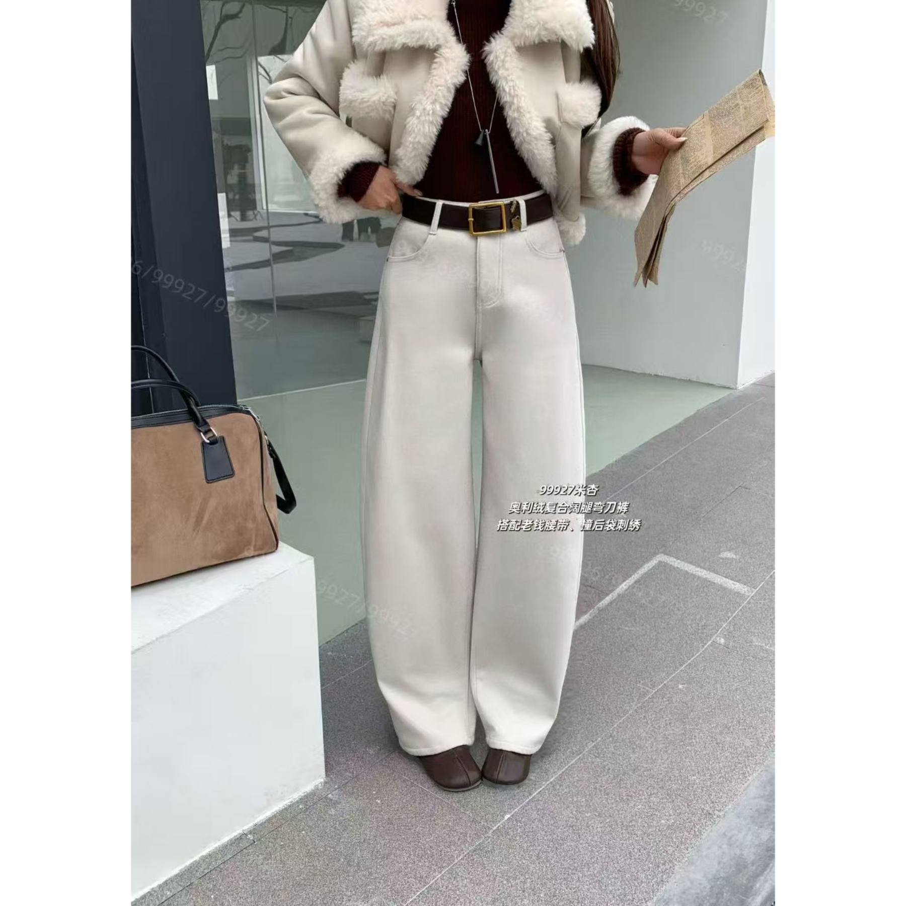 【萱萱精选】奥利绒复合阔腿弯刀裤后口袋刺绣搭配老钱腰带9927
