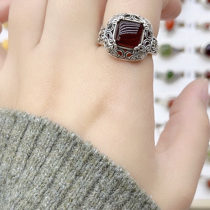 琥珀戒指银S925镶嵌天然