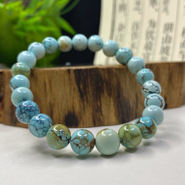 天然原矿绿松石圆珠水草纹手串8.6mm重18.4克高瓷地大质检湖北