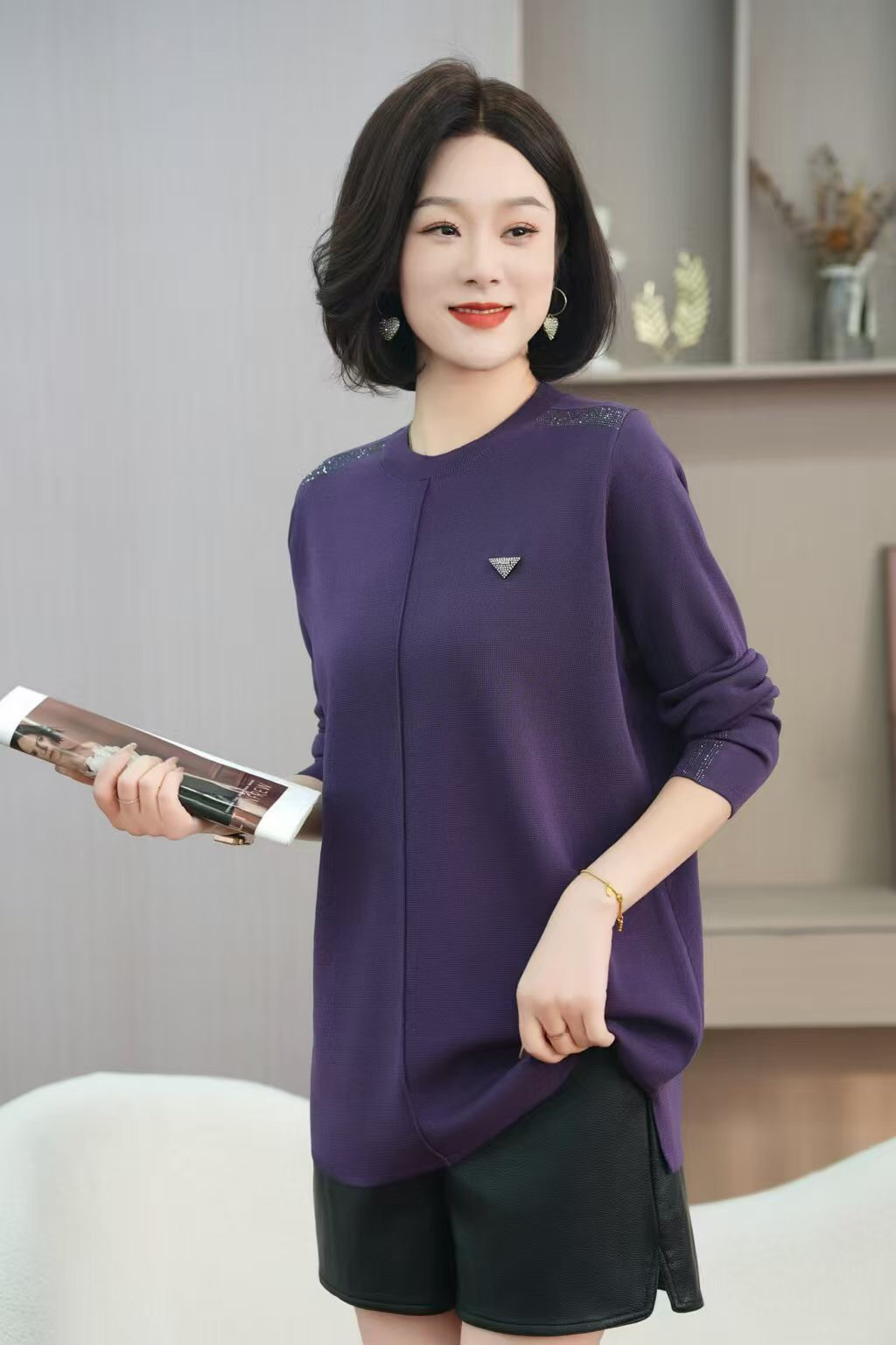 女士冰麻圆领中长款