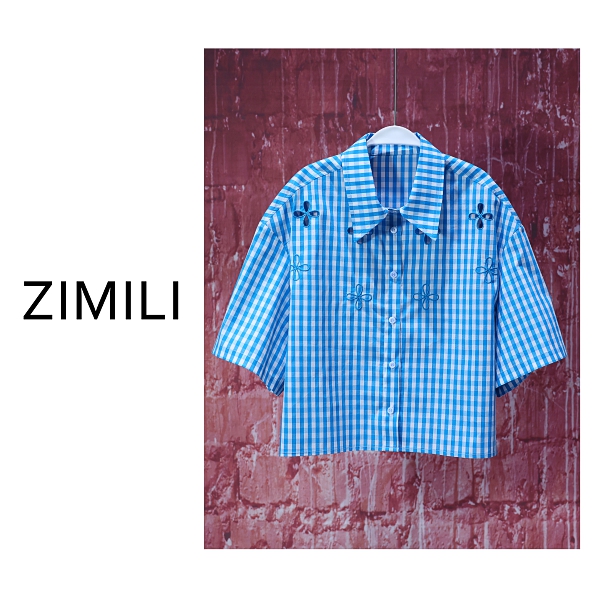 【亮哥女装】2025欧版重工设计蓝白格纹刺绣时尚衬衫短袖9162-C8