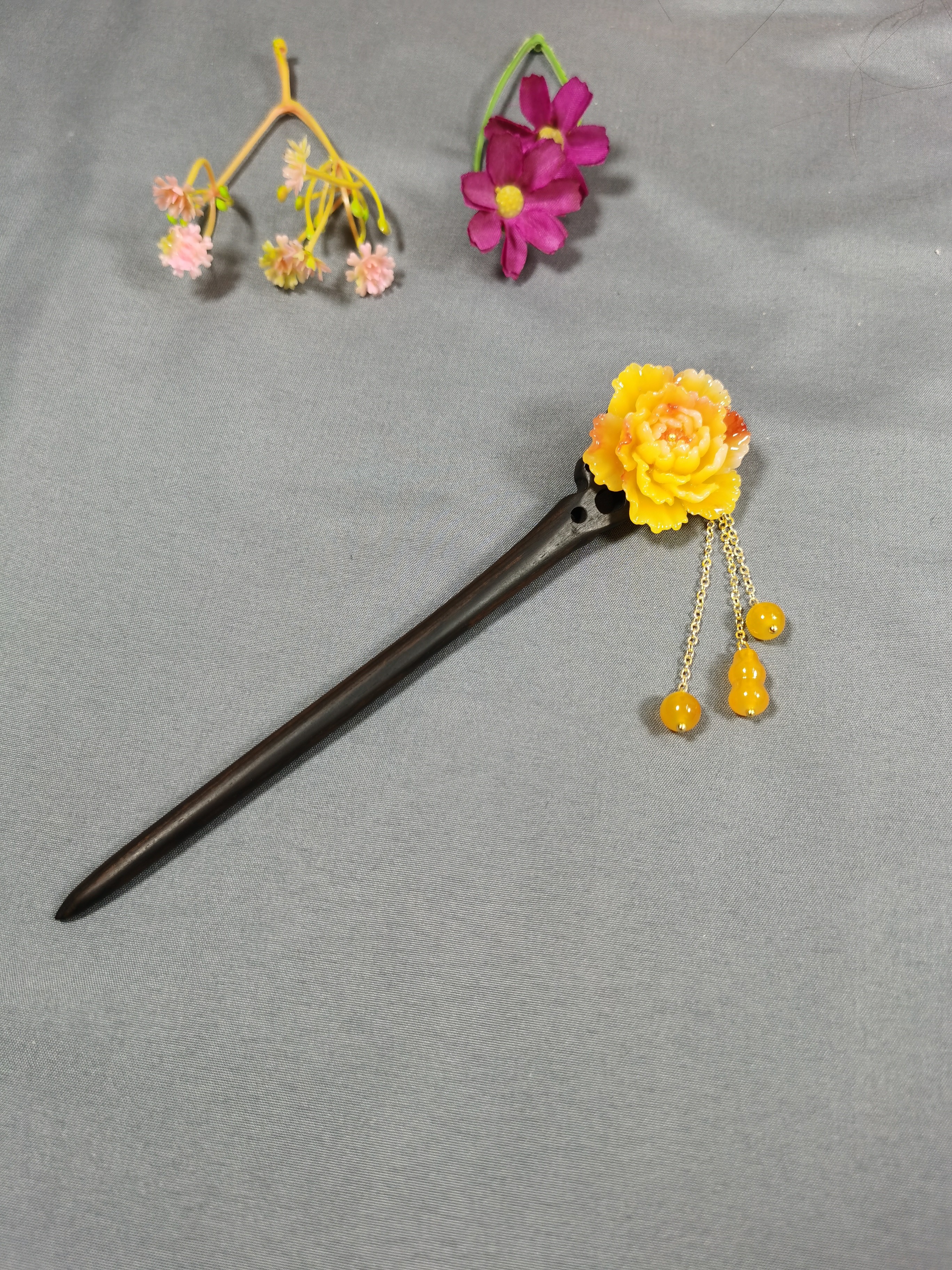 黑檀木发簪黄色牡丹花发饰头饰古风发簪簪子盘发簪步摇流苏发钗