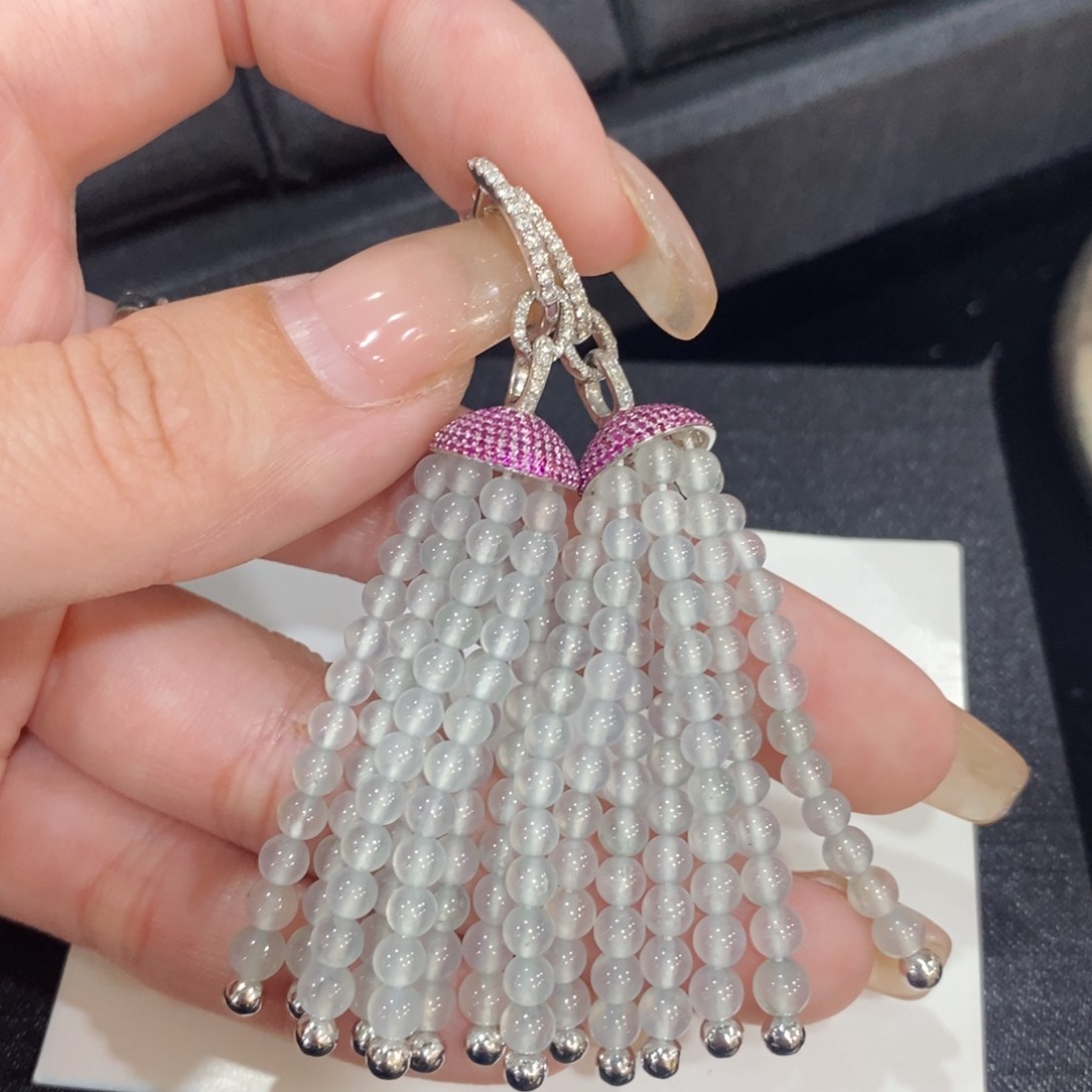 翡翠耳饰18K金镶嵌流苏小米珠耳饰吊坠两用款