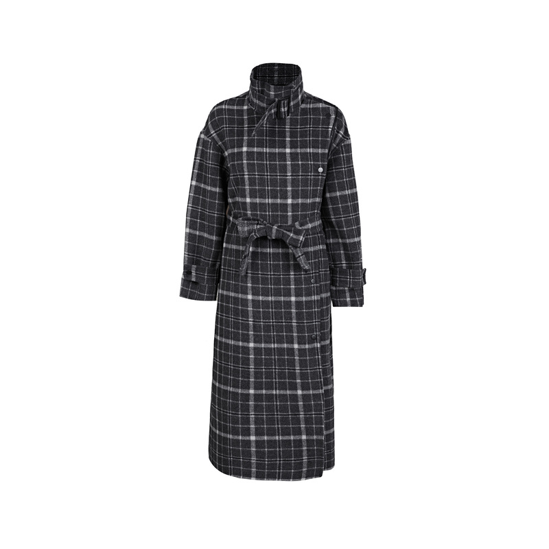 sdeer圣迪奥女装立领撞色格纹拼接收腰中长款毛呢大衣S21481832