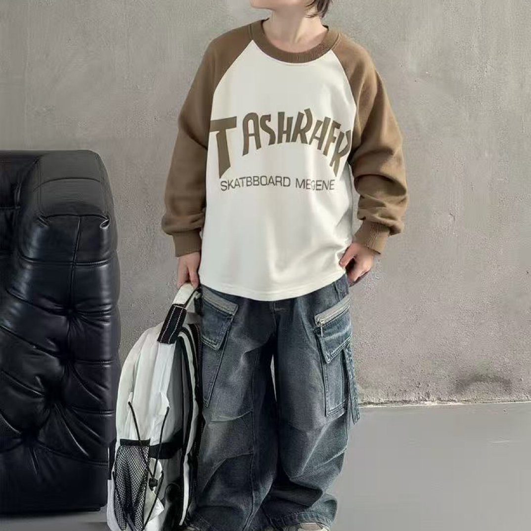 儿童2025秋季男女童新品3436字母款插肩袖中大童韩版圆领卫衣