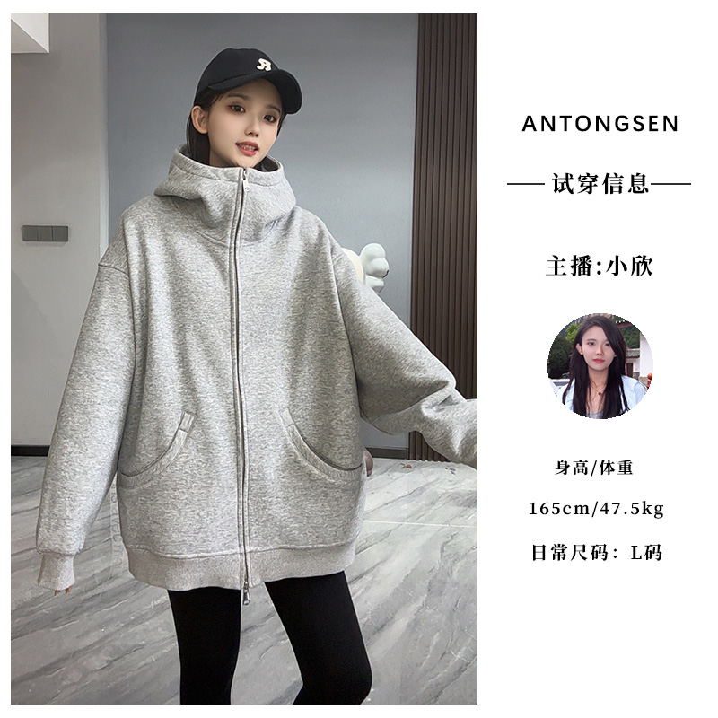 美式复古开衫拉链外套加绒加厚宽松百搭连帽慵懒风卫衣