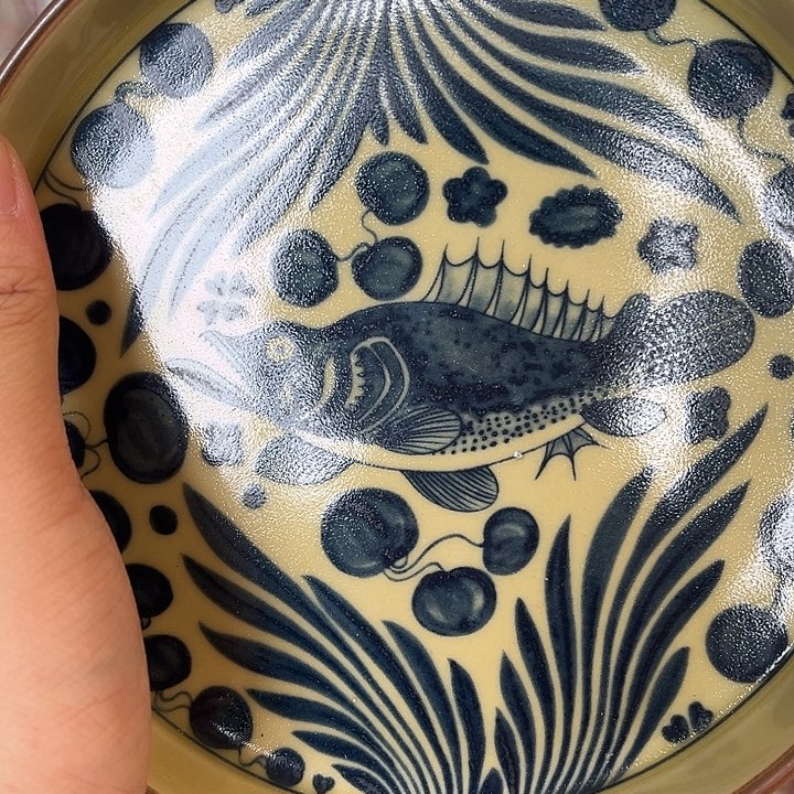 杯景德镇二号釉鱼藻纹大壶承