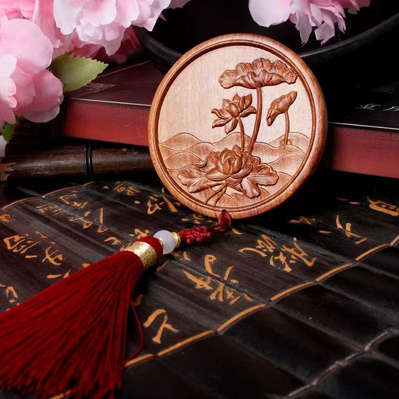 中国风檀木随身化妆镜复古风实木送礼品镜便携雕刻小圆镜子随身镜