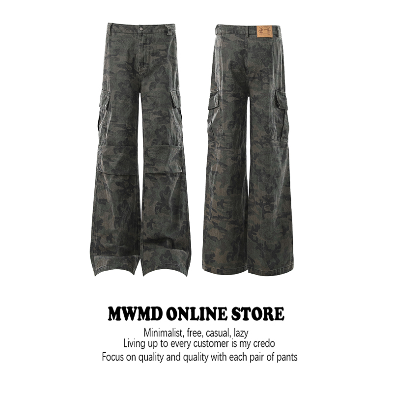 MWMD 美式褶皱微喇迷彩工装裤男款加厚多口袋直筒宽松休闲长裤