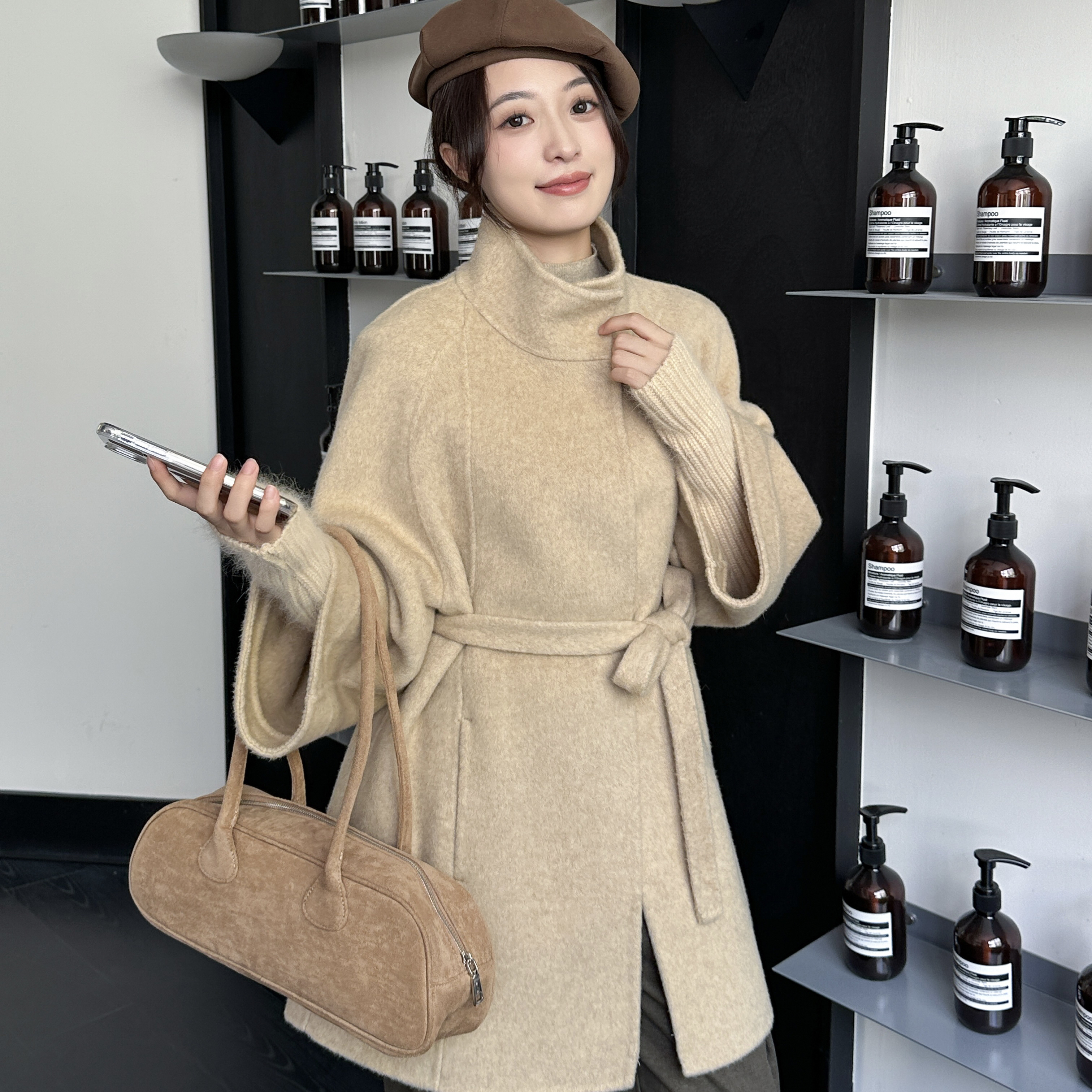 女士秋冬中长款双面高级感毛呢大衣时尚百搭