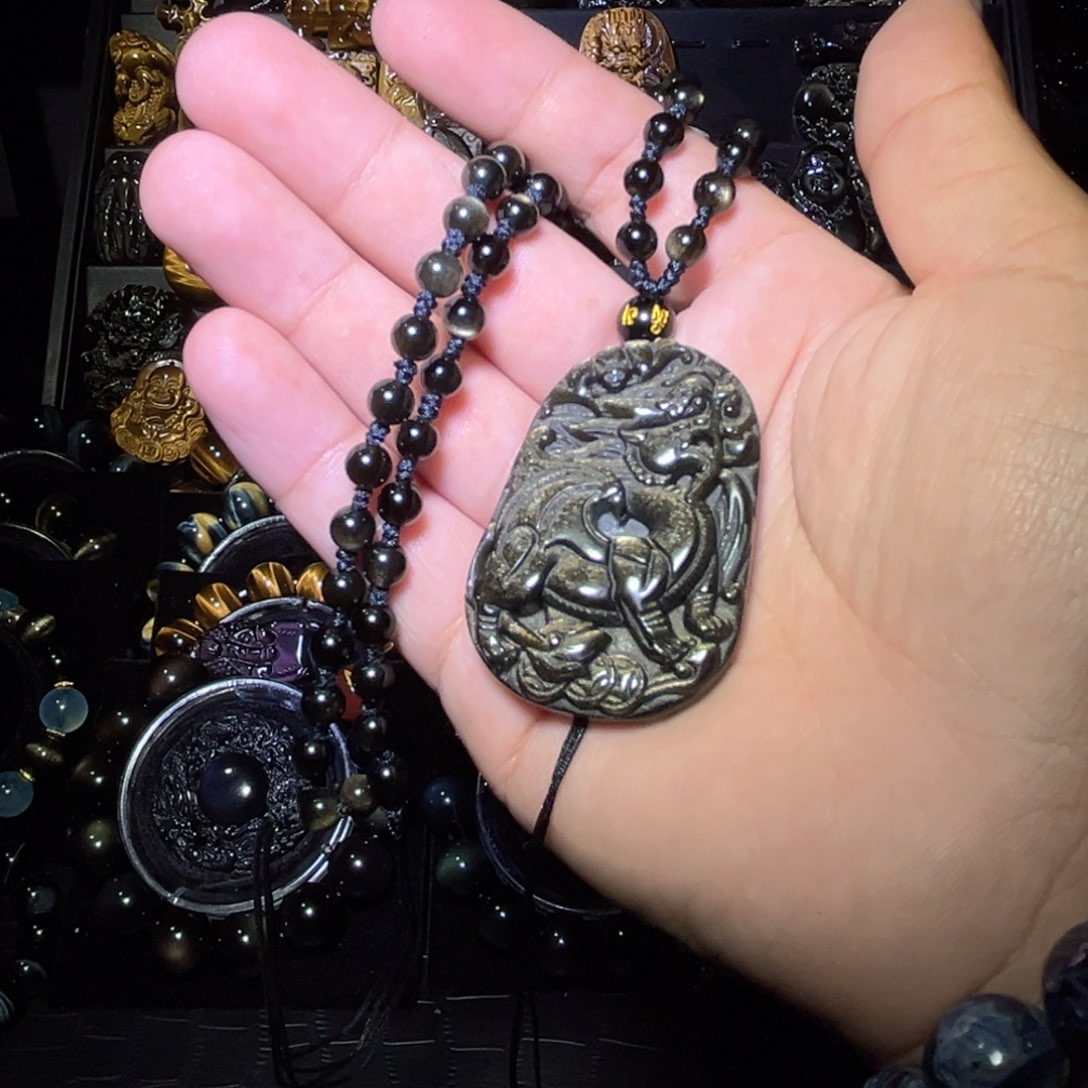 未镶嵌黑曜岩手链蔚**来天然金曜石麒麟吊牌加链子