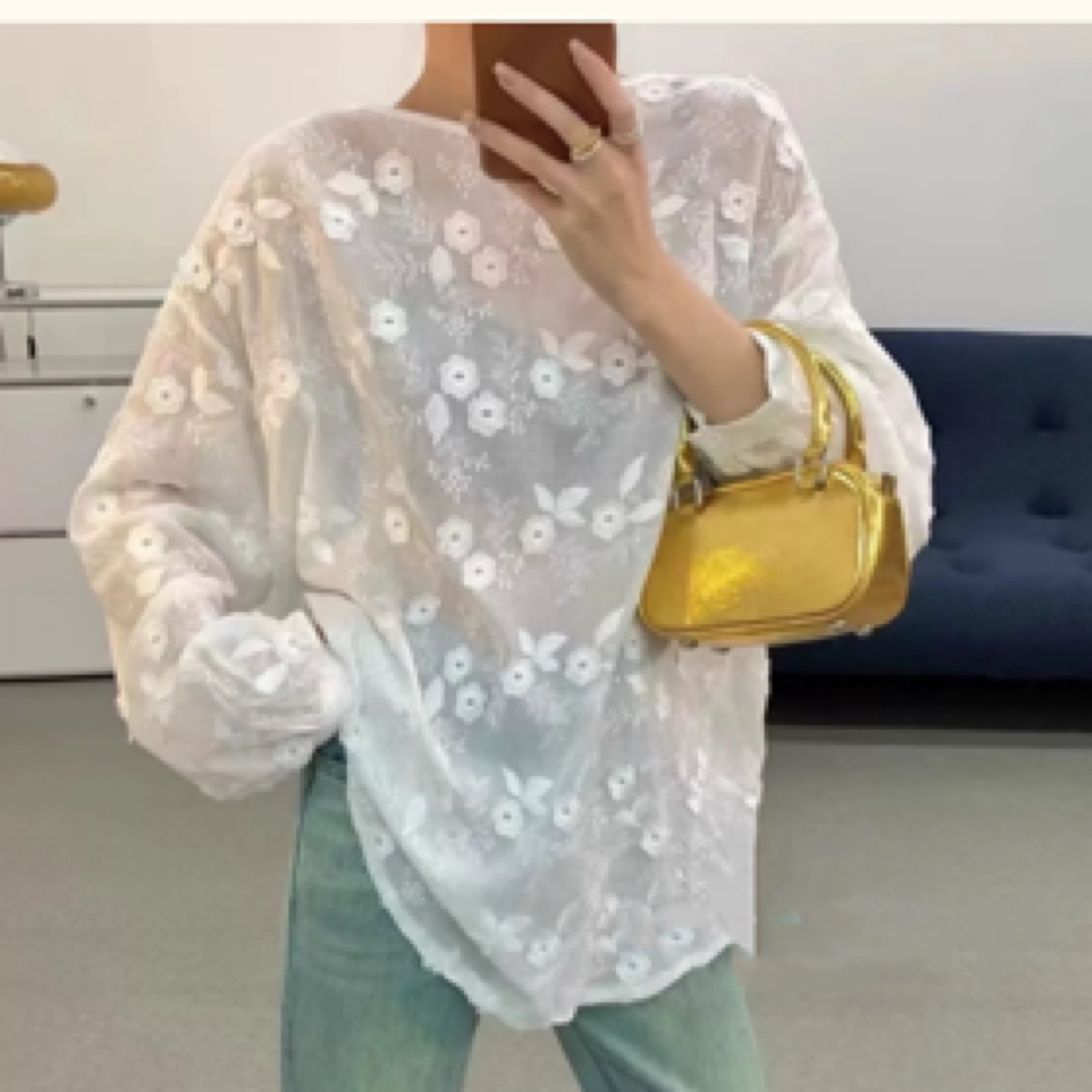 欧货～刺绣提花圆领亮钻长袖衬衫，均码，百搭，宽松版型