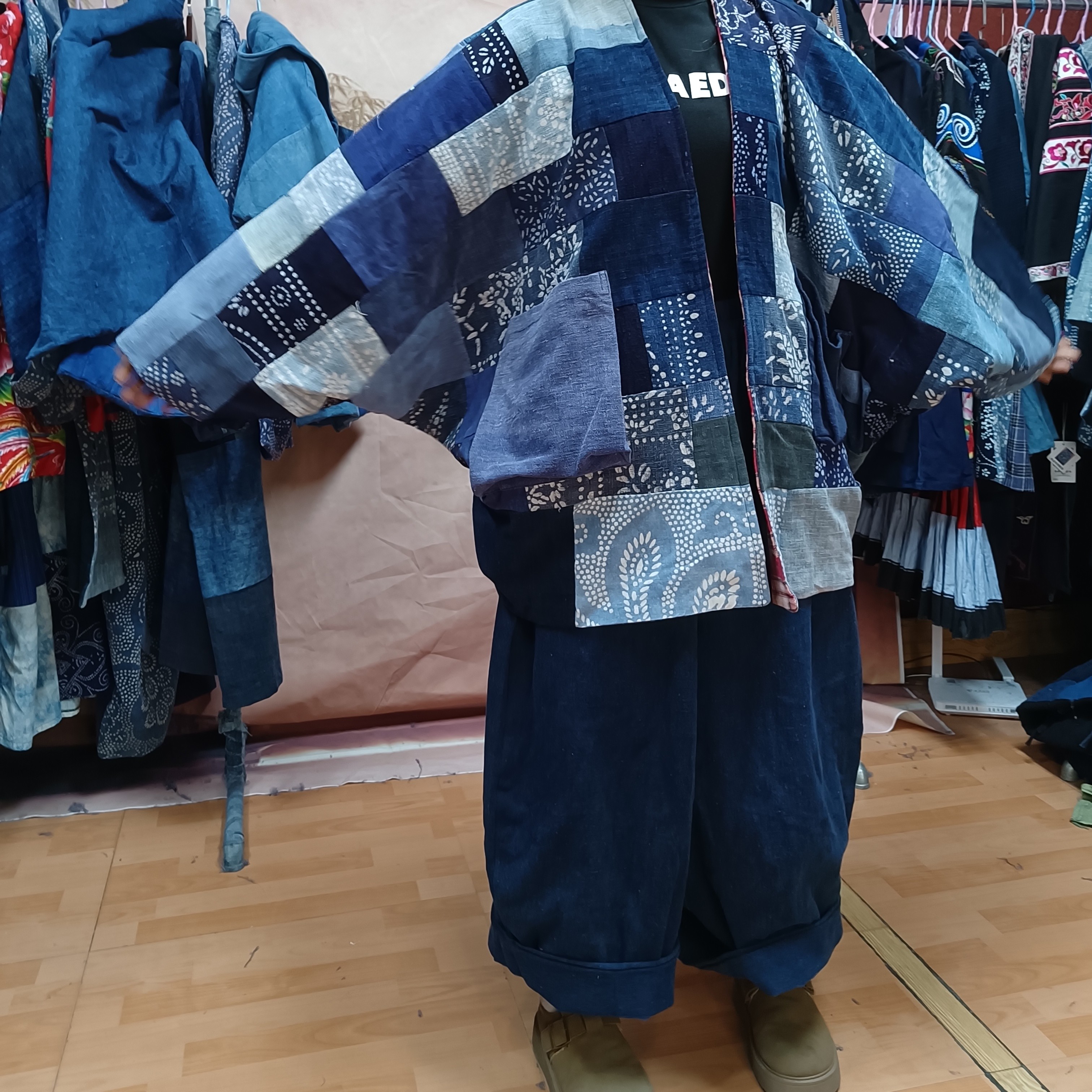 美姿老古布拼接双面穿茶服外套