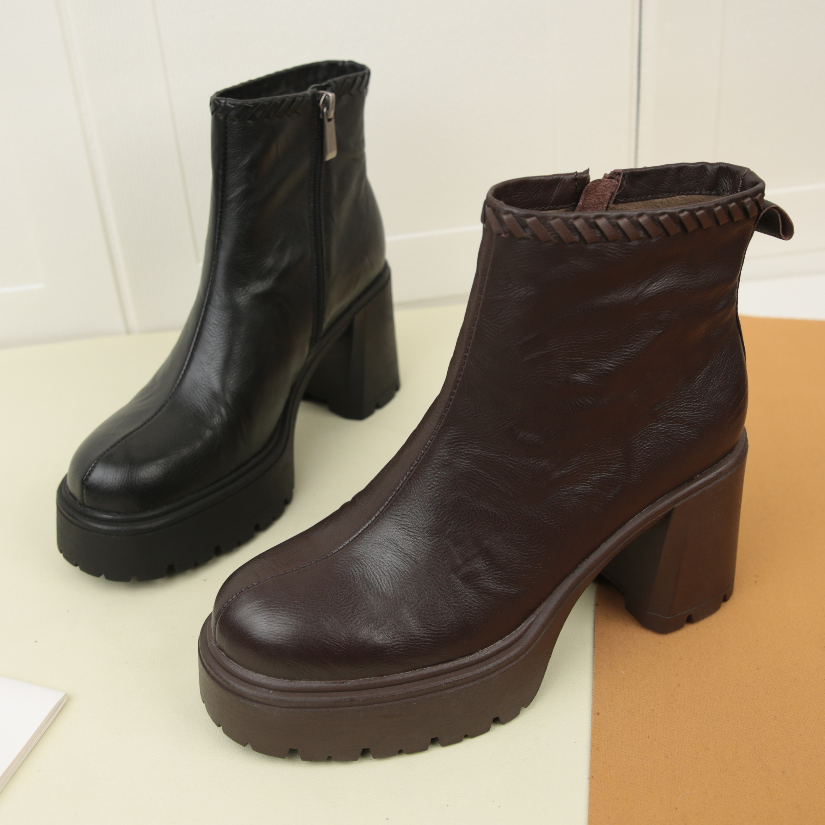 6041冬季新款圆头时尚百搭粗跟棉鞋加绒保暖高跟瘦瘦女短靴