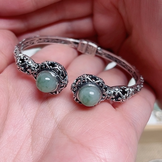 透闪石-蛇纹石玉手牌银S925镶嵌鳯*