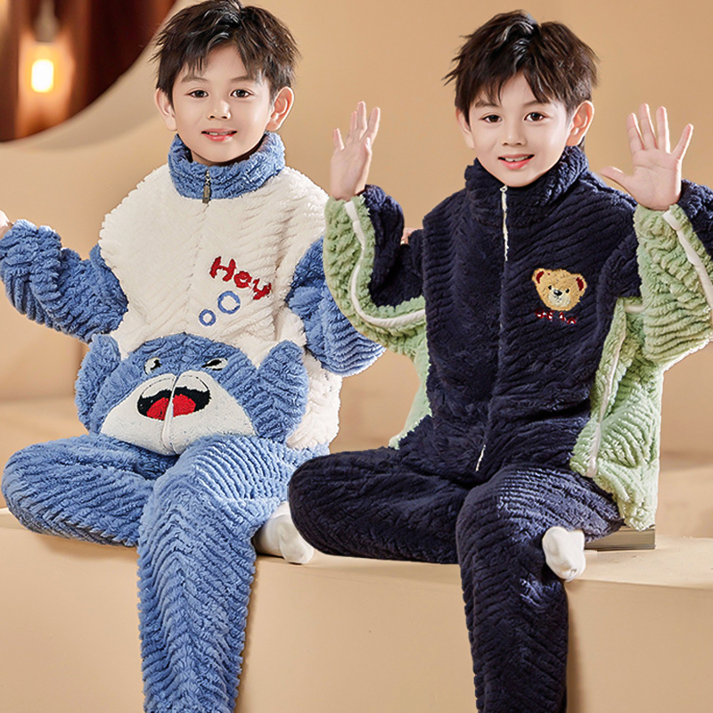 8290-1秋冬季加厚珊瑚绒睡衣男童保暖套装儿童中大童男孩家居服