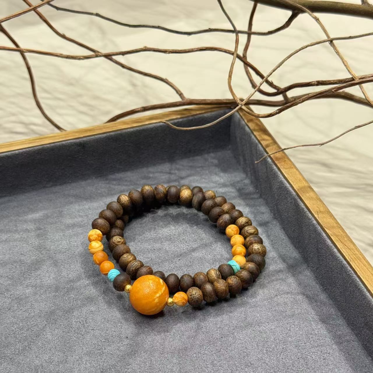 【景润】沉水棋楠橘皮单珠足金蜜蜡沉算盘珠香双圈手串