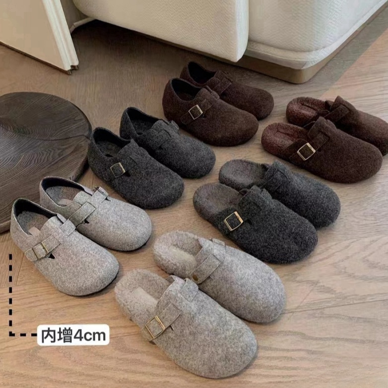 保暖加绒内增高毛毛半拖外穿厚底勃肯女鞋2024秋冬款