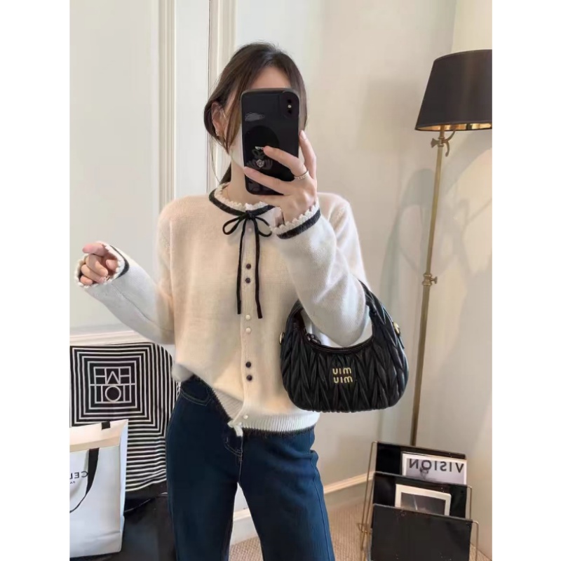 【飘带双粒扣】气质小香风韩系简约双粒扣针织开衫女