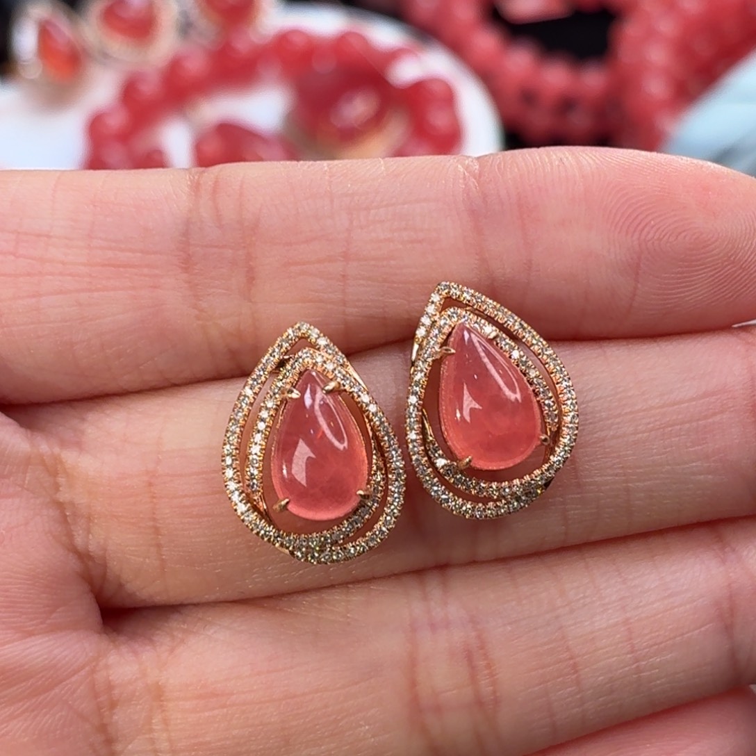 菱锰矿（红纹石）18K金镶嵌耳钉