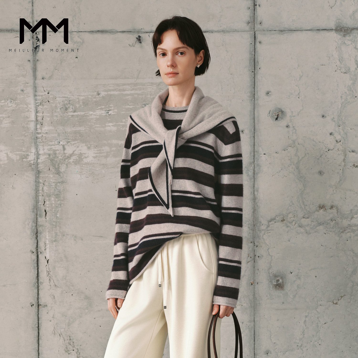 【服饰专属】MM麦檬假两件条纹撞色圆领羊绒羊毛针织衫女5H1930301X