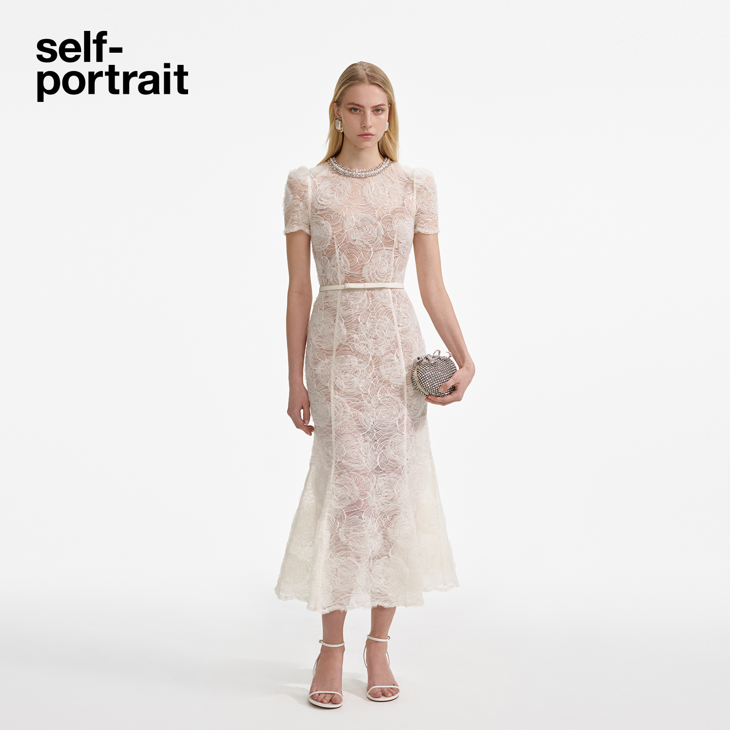 self-portrait 25秋新款流光风白钻饰薄纱蕾丝连衣裙中长裙