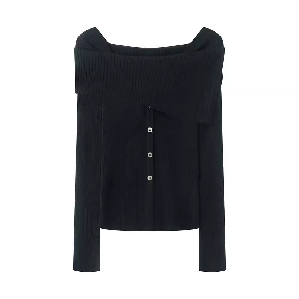 艾家商场同款2025秋季新款时尚百搭一字领修身短款针织衫上衣3053