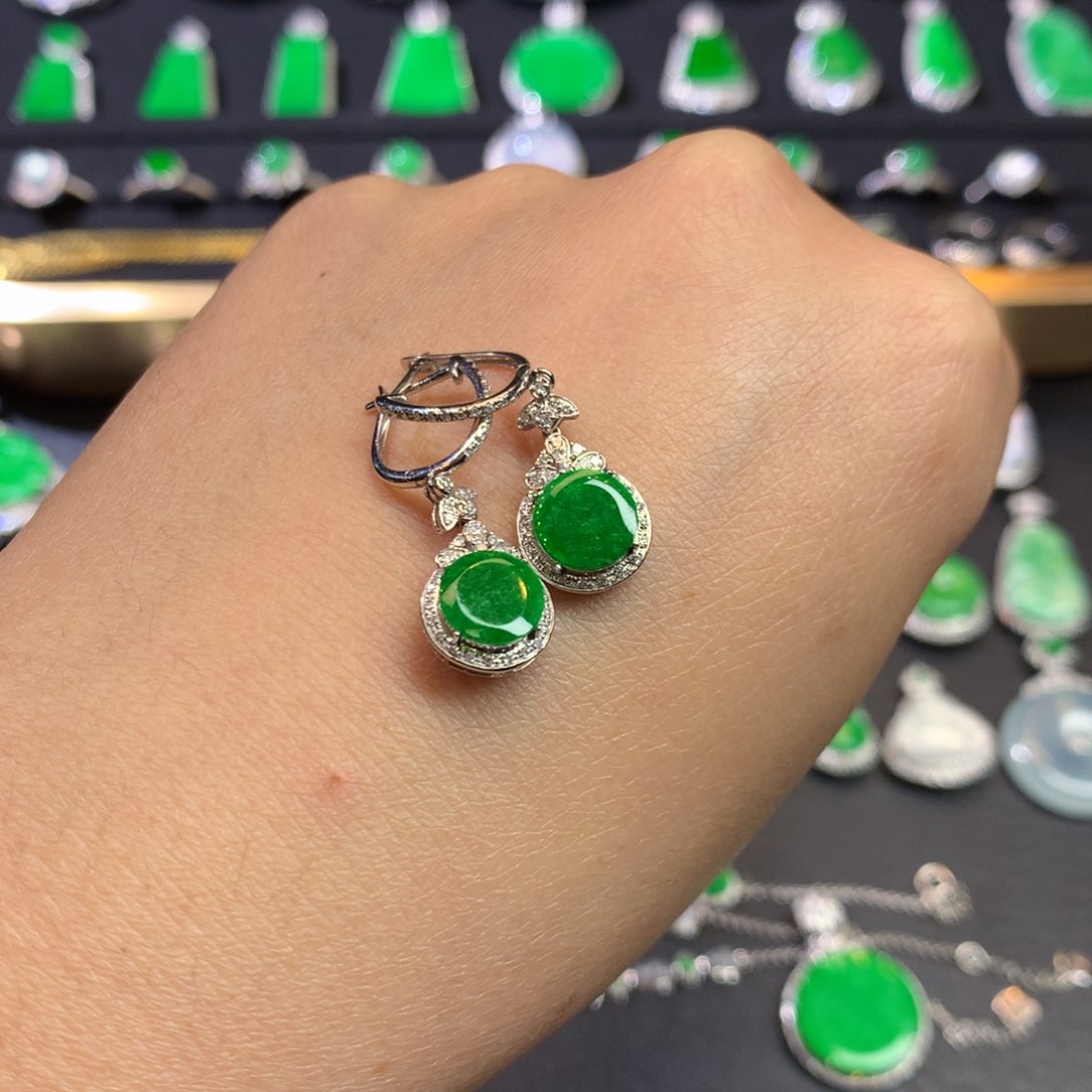 翡翠耳饰18K金镶嵌圆牌