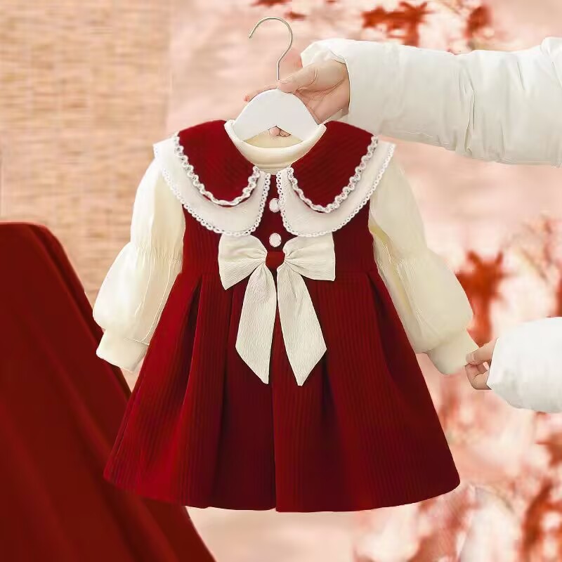 2025礼服女童连衣裙秋冬洋气小女孩红色背心裙儿童加绒生日蛋糕裙