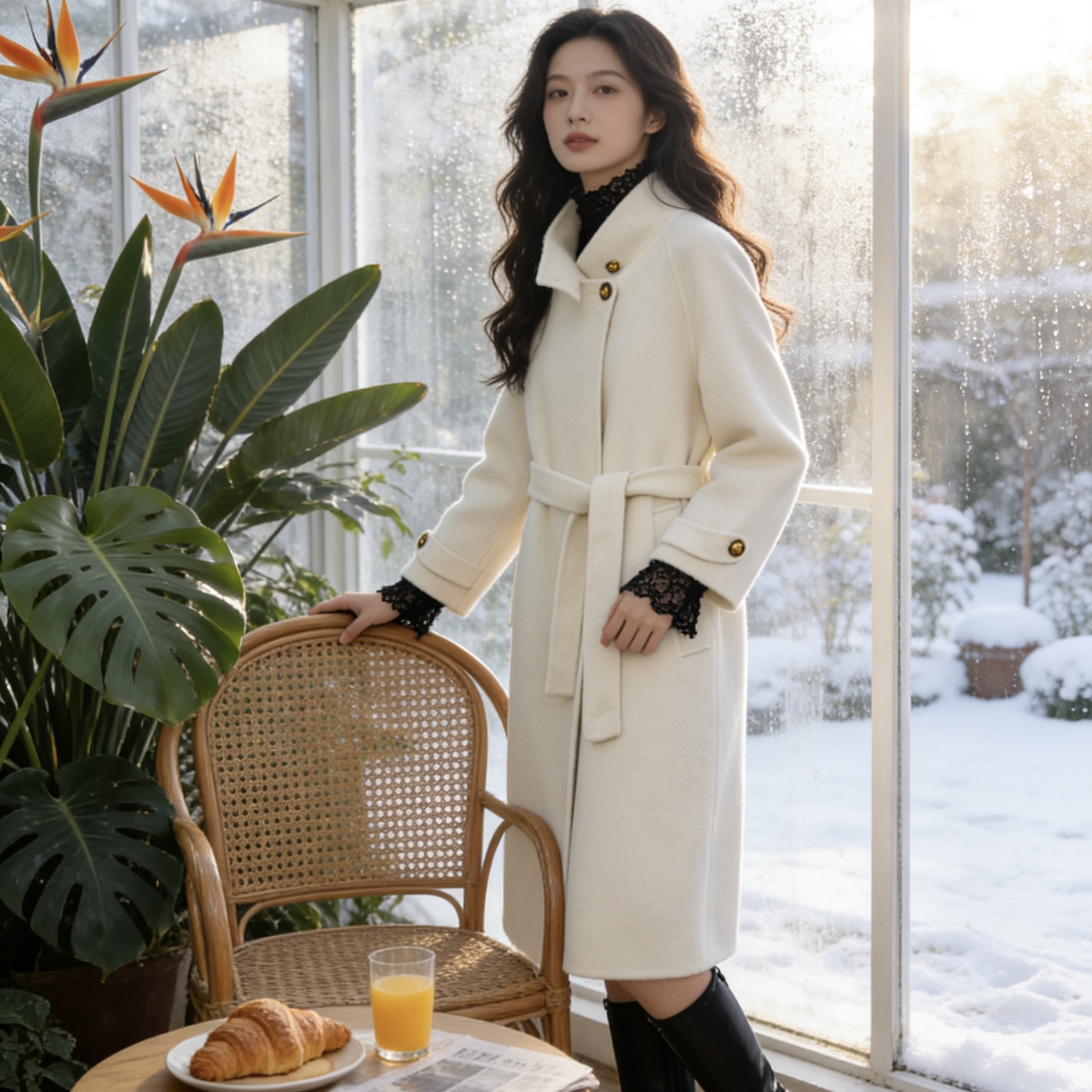 中长款毛呢外套气质米色大衣毛呢长款7016