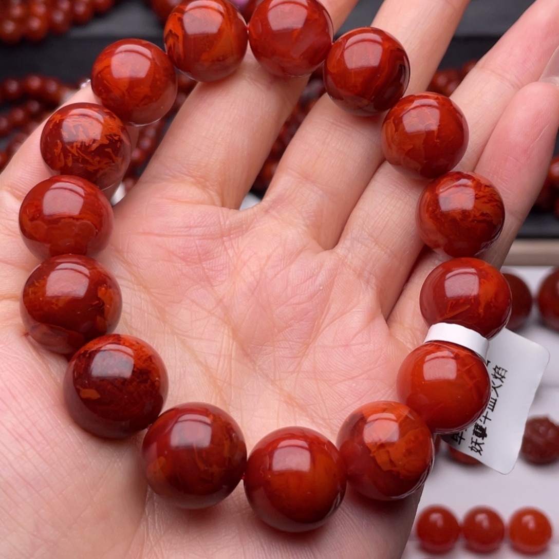南红玛瑙未镶嵌手链15mm高品瓦西满肉牛血妖火焰手串